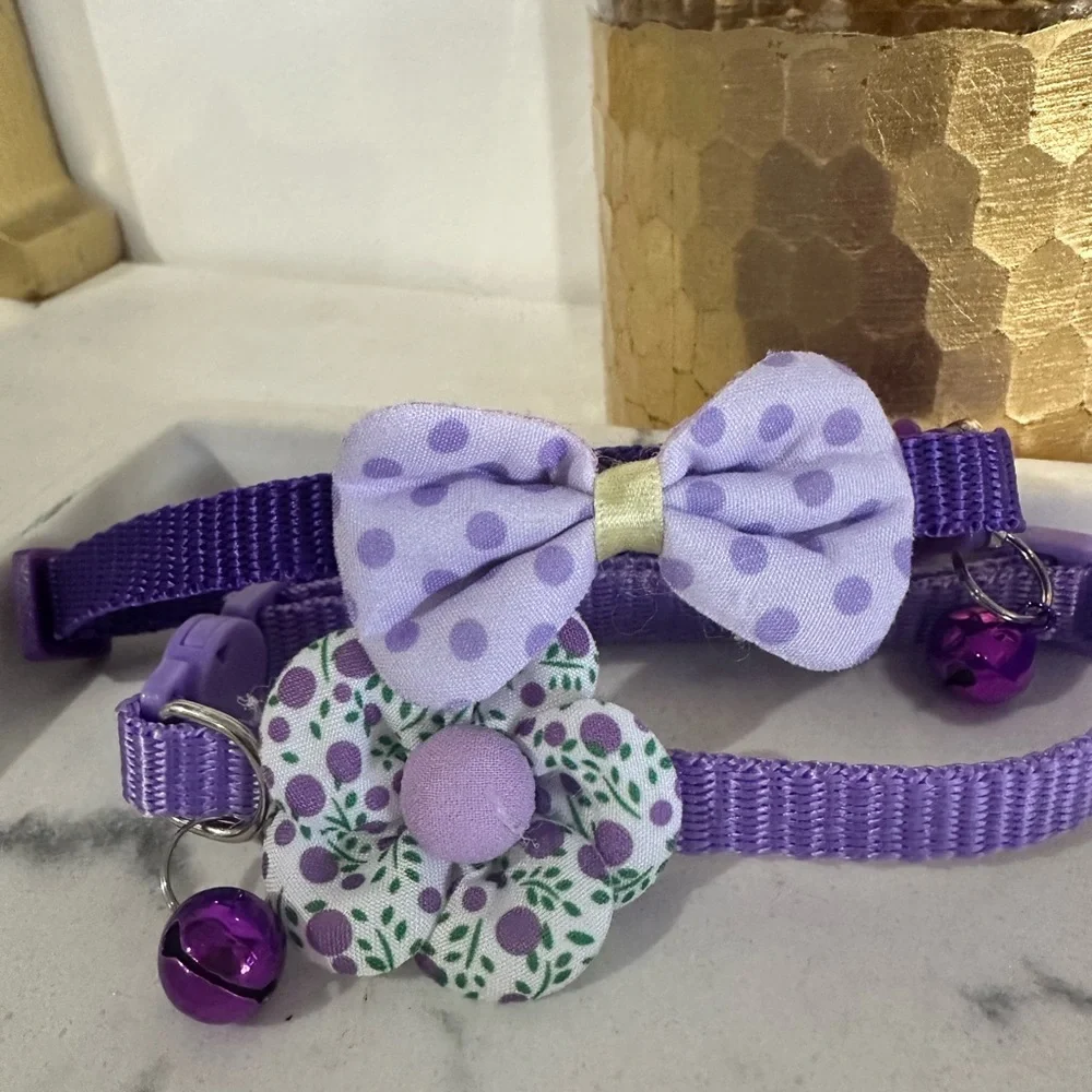 Purple and White Cat Collar Set with Bell Bow and Flower